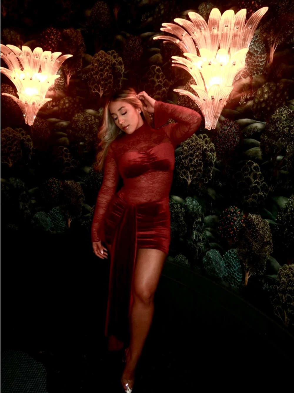 Burgundy Sasha Dress/ Lace Velvet Asymmetrical Mini Dress